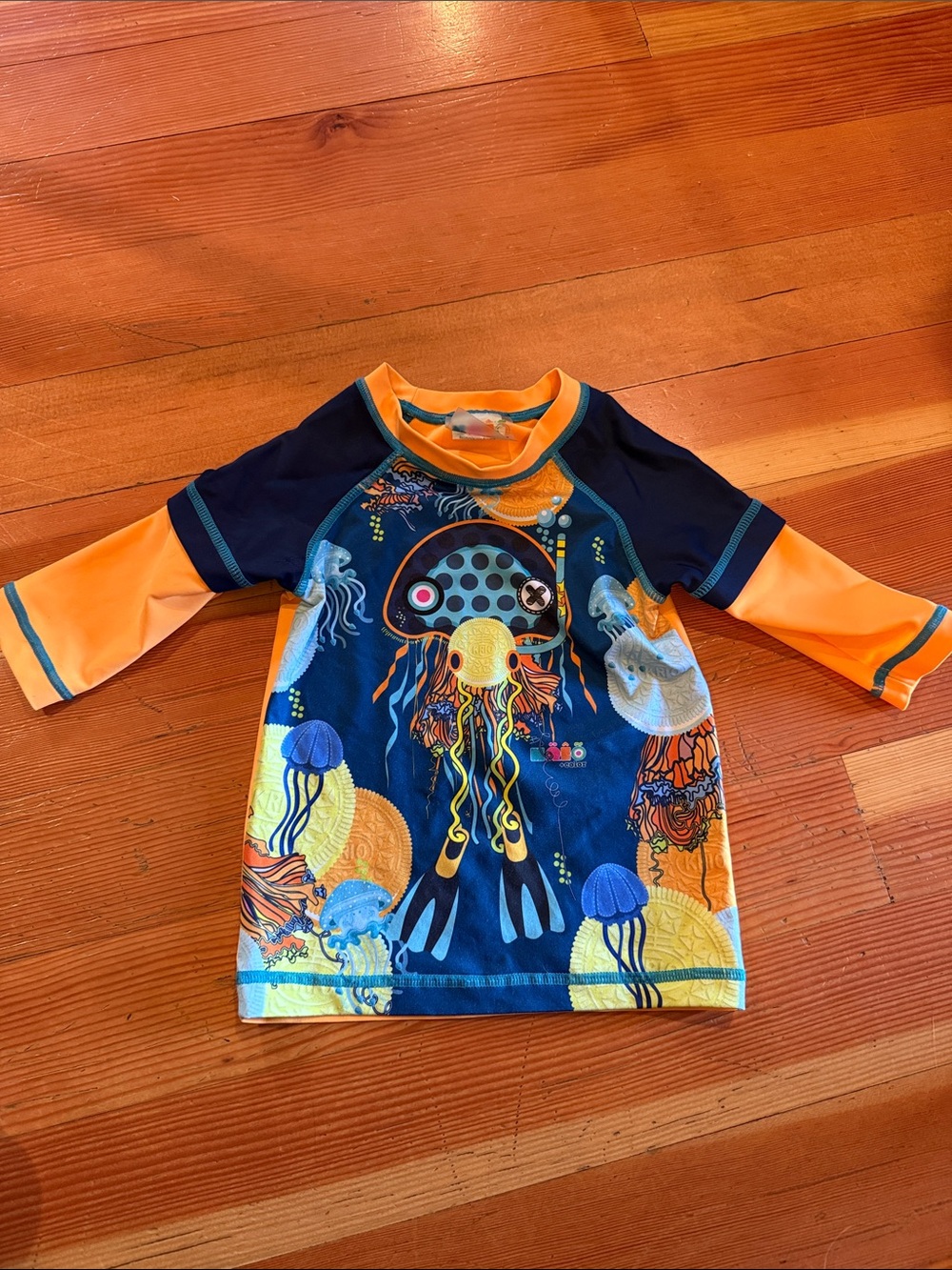 Long-Sleeve Kids Swim Rashguard in Navy & Orange with Jellyfish Design